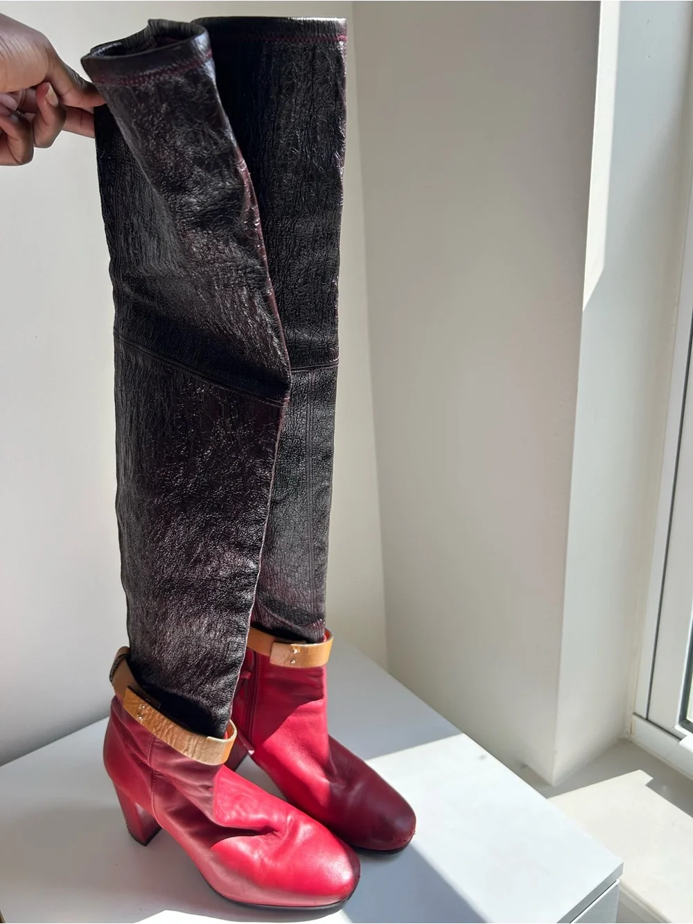 Stuart Weitzman Red Brown Patent Leather Belted Knee-High Boots